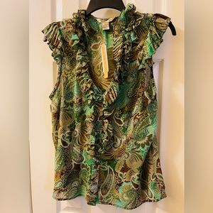 Green paisley print semi sheer sleeveless blouse